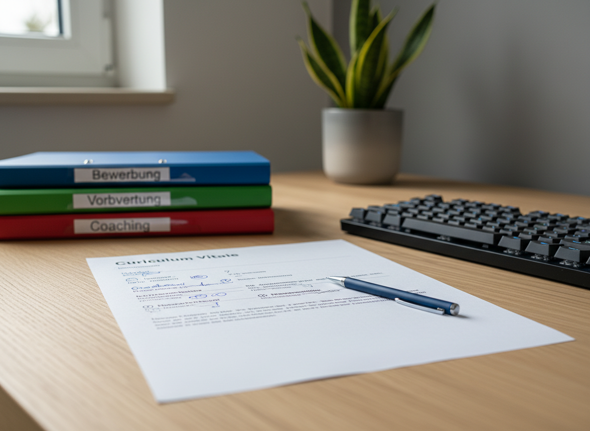 A close-up of a refined workspace featuring a printed CV on high-quality matte white paper, marked with subtle, precise annotations in blue and graphite pencil, alongside a sleek black keyboard and a tidy stack of color-coded folders labeled “Bewerbung”, “Vorbereitung”, “Coaching”. The desk surface is light oak with a smooth grain, set in a modern office corner with a neutral gray wall and a single green plant pot in soft focus. Diffused overcast daylight from an unseen window creates gentle, even lighting with minimal shadows. Photographic realism, shot from a slightly elevated angle with the CV in sharp focus and the background softly blurred, conveys meticulous optimization, structure, and calm professional guidance.