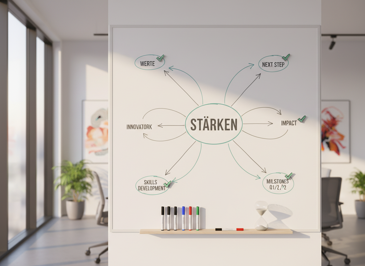A large whiteboard in a bright, contemporary office space, covered with an organized mind map in dark gray and muted teal marker, featuring keywords like “Stärken”, “Werte”, “Ziele”, “Next Step” connected by clean lines and arrows. Magnetic icons of small arrows and checkmarks highlight milestones, and below the board rests a slim wooden shelf with neatly aligned markers and an hourglass. Soft afternoon daylight from tall windows to the side creates gentle side lighting, casting subtle shadows of the marker lines and magnets. Photographic realism with an eye-level, wide-angle composition captures the entire board while keeping the room background minimalist and blurred. The mood is strategic, optimistic, and structured, perfectly reflecting clarity and career orientation.